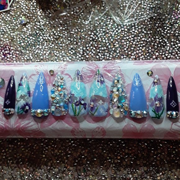 Handmade Hard Gel XL Stiletto "Louie Vuitton" Theme Luxury & Floral Style Press - Picture 1 of 10